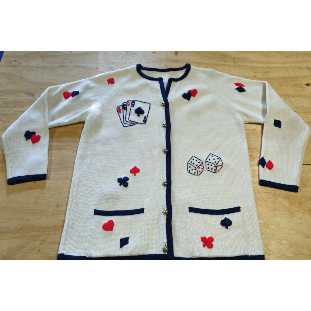 Vtg Womens sweater cards dice Hearts Spades Casino Poker Large Gamble Clubs